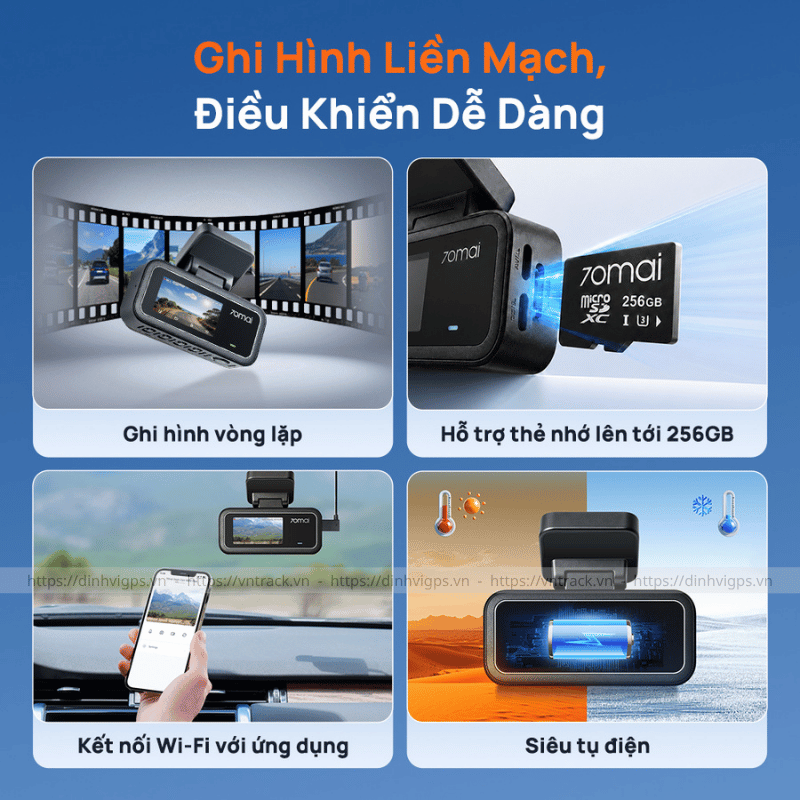 70mai A410 Neo ghi hình vòng lặp, hỗ trợ thẻ 256GB, kết nối Wi-Fi và dùng siêu tụ điện