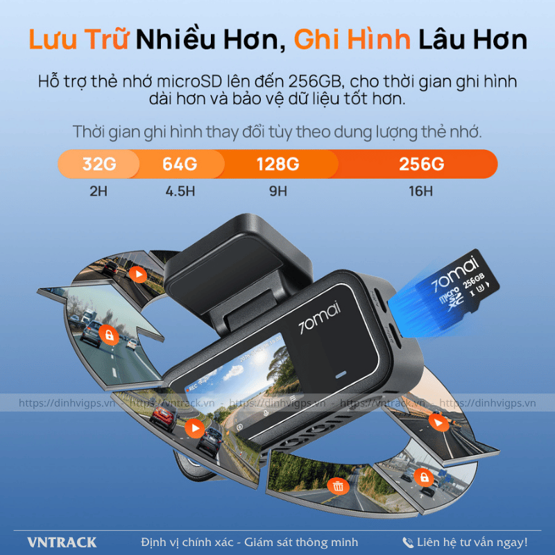 Camera hành trình 70mai A410 Neo hỗ trợ thẻ nhớ tối đa 256GB để ghi hình lâu hơn