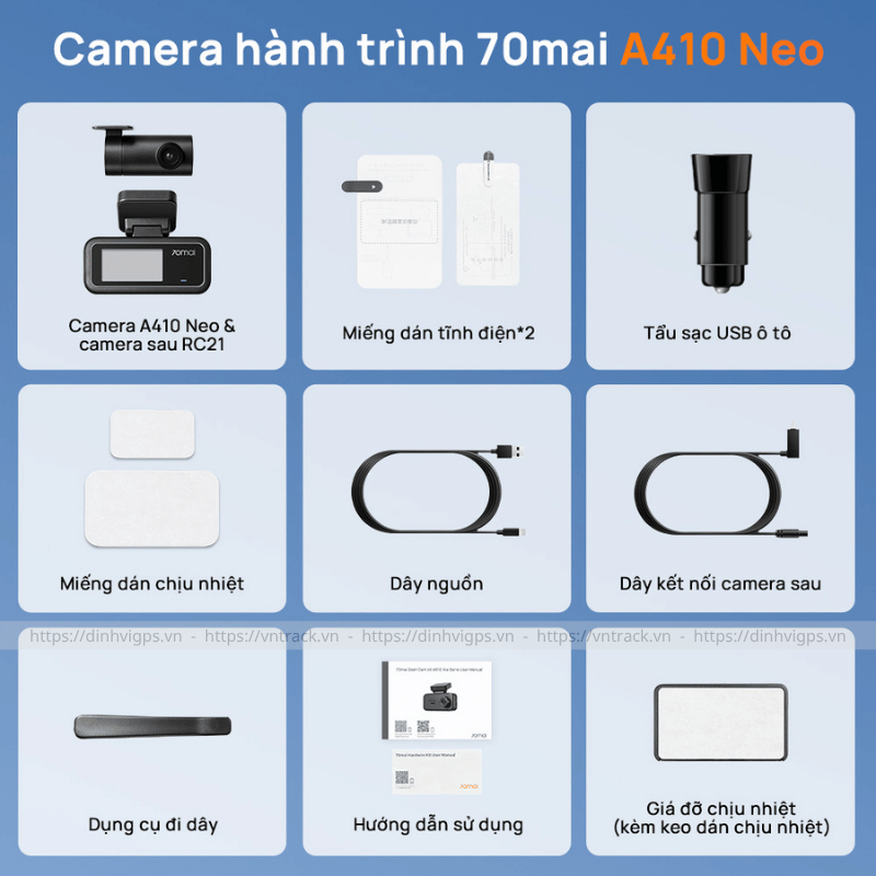 Trọn bộ 70mai A410 Neo kèm camera sau RC21, tẩu sạc, dây nguồn, dây nối và phụ kiện lắp đặt