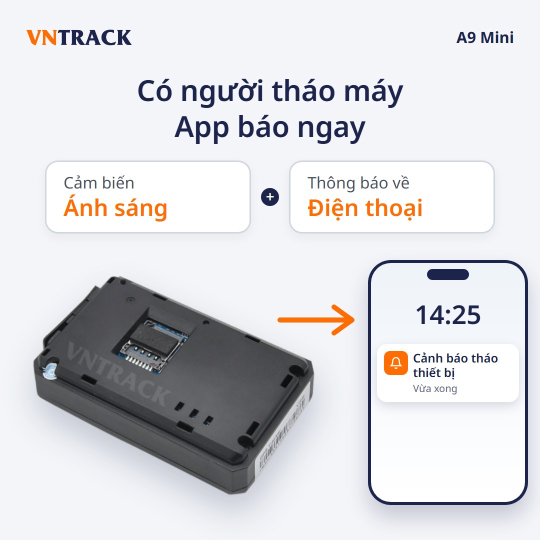 Định vị A9 Mini có cảm biến ánh sáng, bị tháo máy là app Vntrack báo về điện thoại