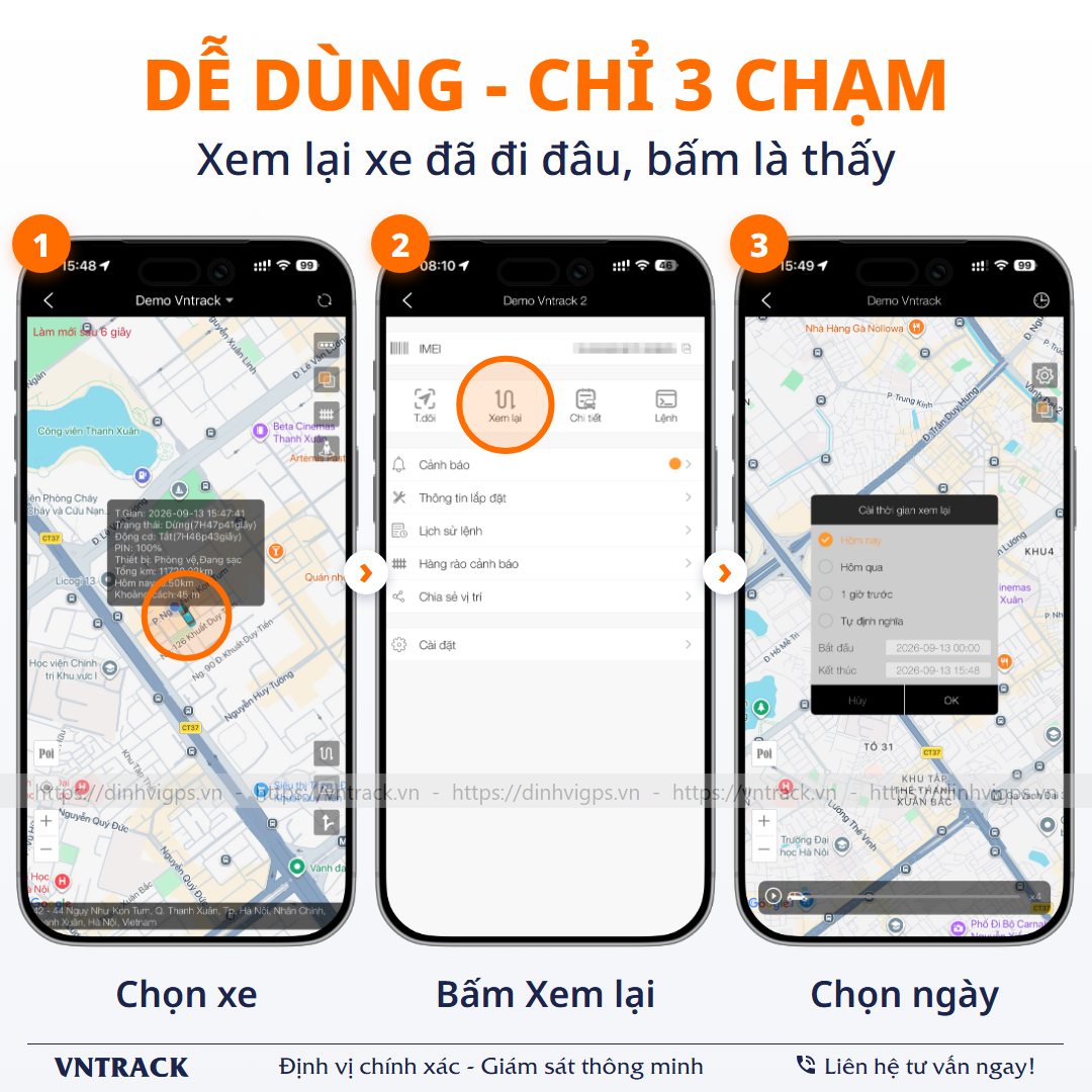 App Vntrack dễ dùng: Xem lại lộ trình xe chỉ 3 chạm, chọn xe, bấm Xem lại, chọn ngày