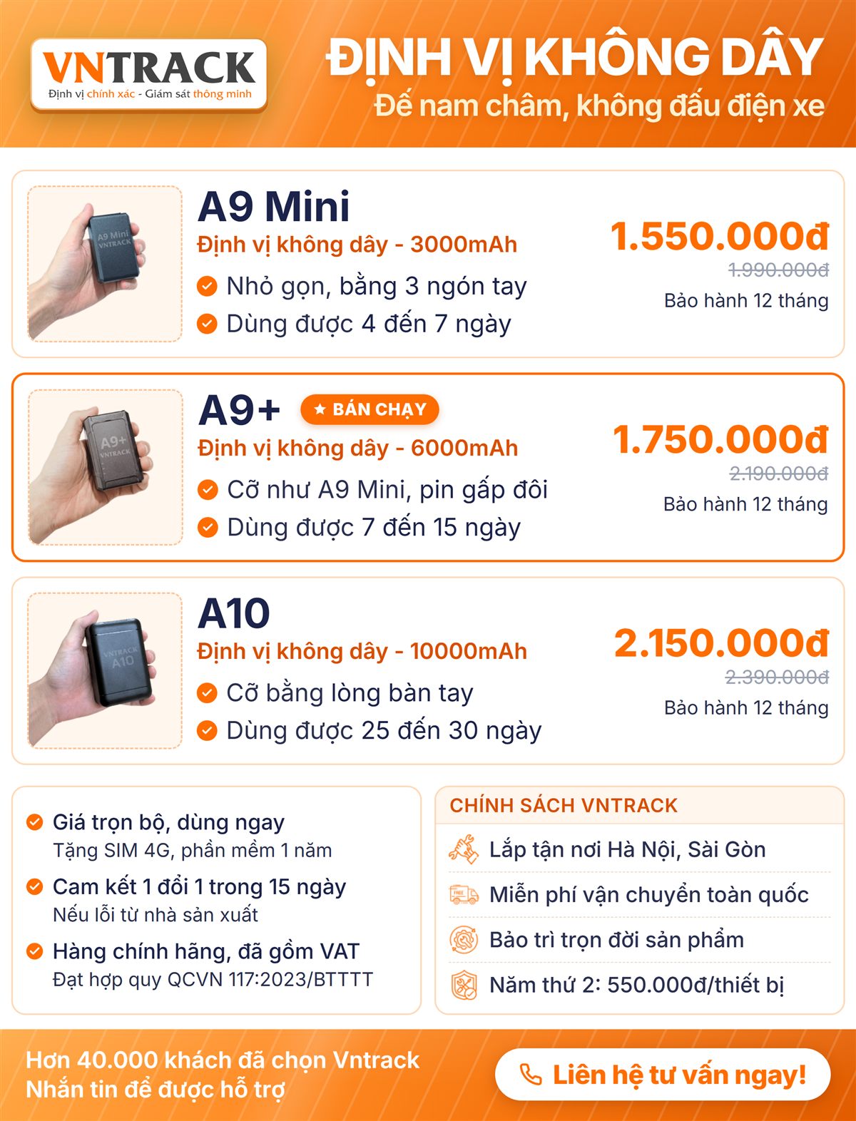 Bảng giá định vị không dây Vntrack 2026: A9 Mini, A9+ và A10 chạy pin từ 1.550.000đ