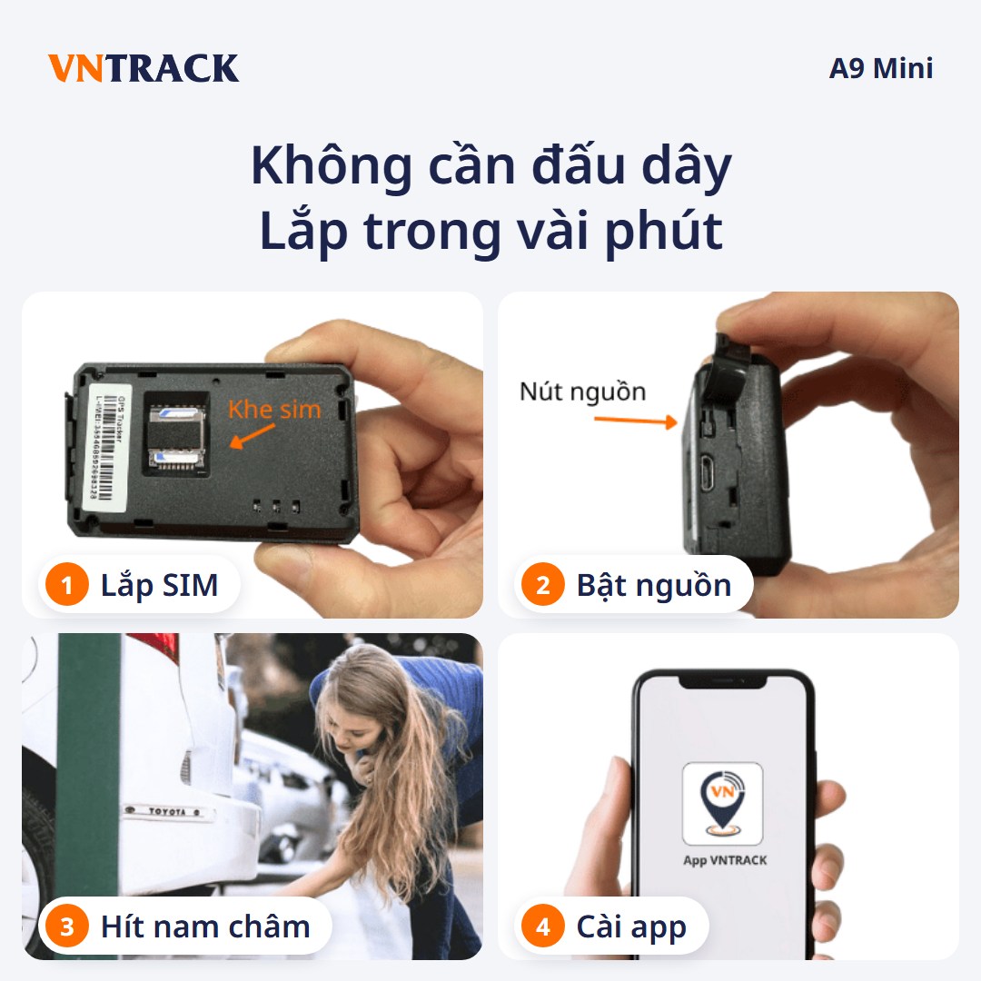 Lắp định vị A9 Mini 4 bước: Lắp SIM, bật nguồn, hít nam châm, cài app Vntrack