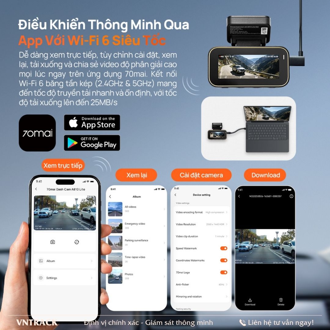 Điều khiển 70mai A810 Lite qua ứng dụng với WiFi 6 băng tần kép, tải tới 25MB mỗi giây