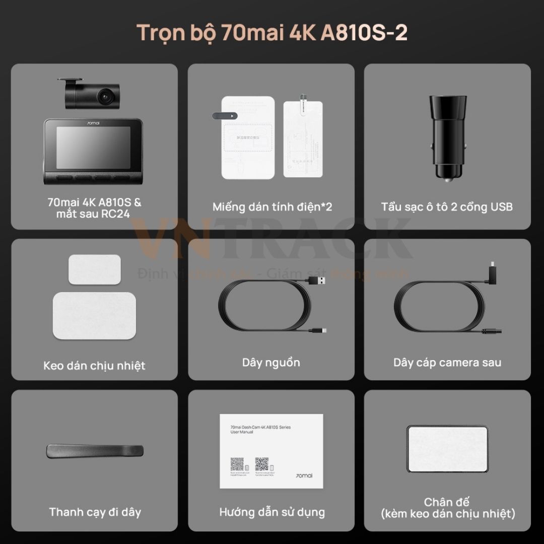 Trọn bộ 70mai A810S-2 gồm camera trước, mắt sau RC24, dây cáp camera sau và đầy đủ phụ kiện lắp đặt