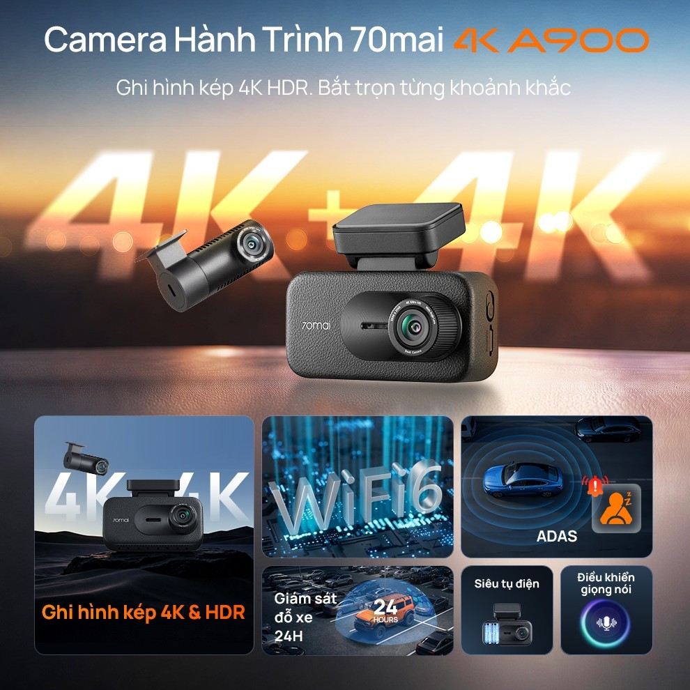 Camera hành trình 70mai A900 ghi 4K cả camera trước và camera sau, màn hình 3,18 inch