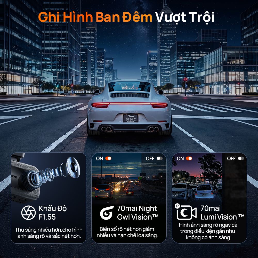 Camera hành trình 70mai A900 quay ban đêm, giữ chi tiết ở chỗ thiếu sáng và ngược sáng