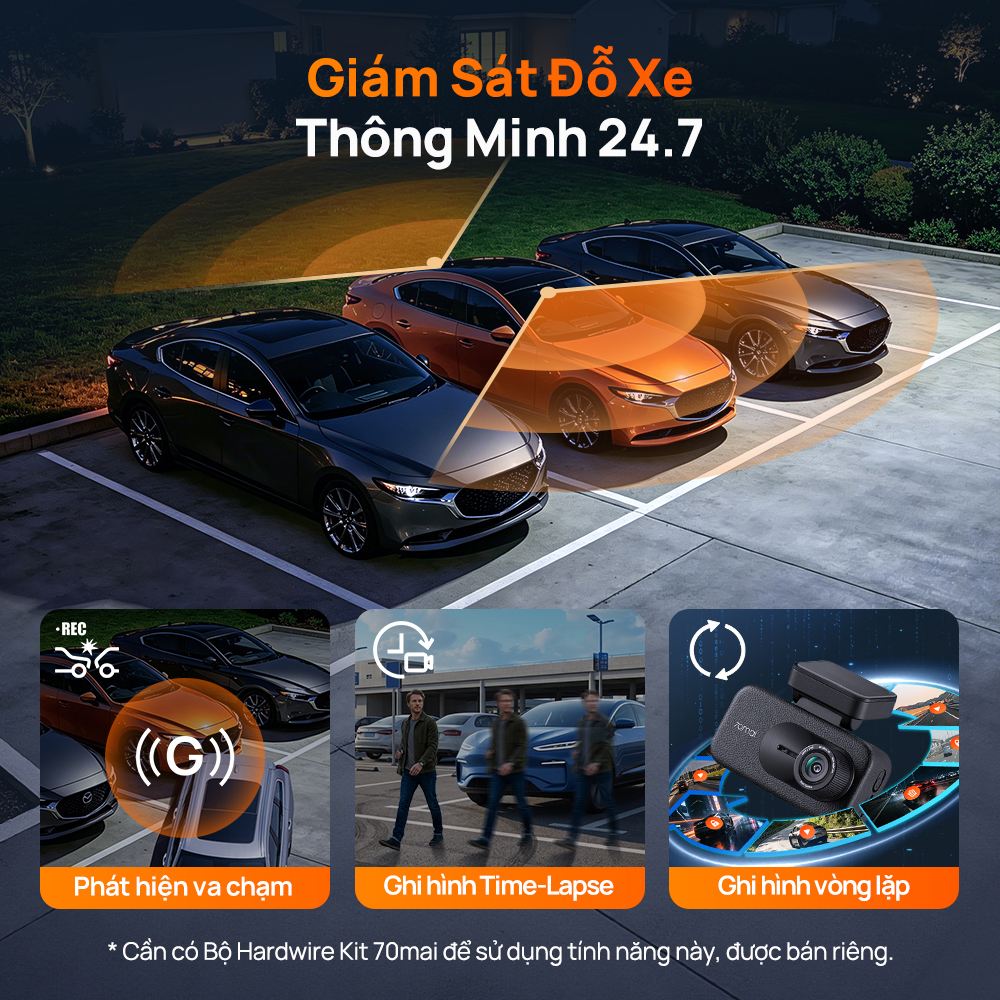 Camera hành trình 70mai A900 giám sát khi đỗ xe 24/7, cần thêm bộ kit nguồn