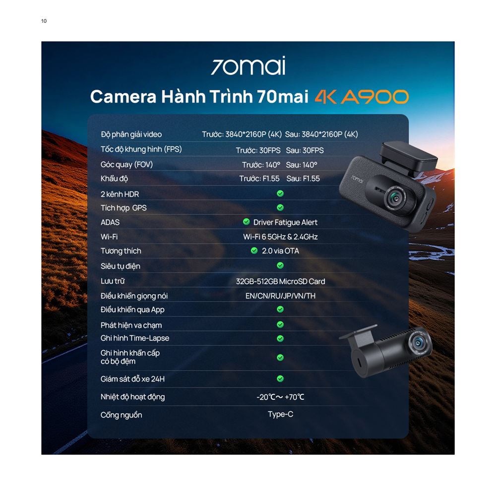 Bảng thông số kỹ thuật camera hành trình 70mai A900 bản chính hãng