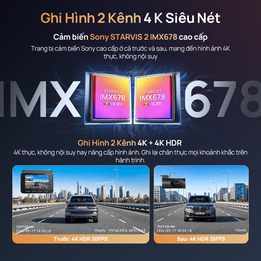 Camera hành trình 70mai A900 Ultra ghi hình kép 4K HDR trước và sau