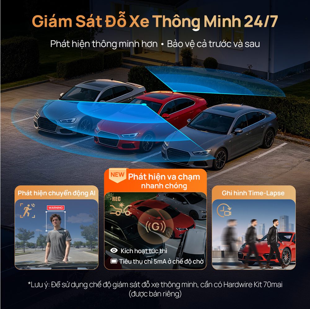 Camera 70mai A900 Ultra giám sát đỗ xe 24/7 phát hiện người lại gần