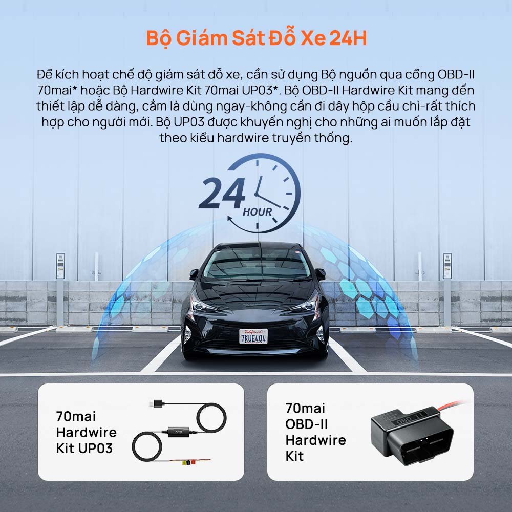 Hai cách cấp nguồn cho chế độ giám sát đỗ xe 24h của 70mai M310 Plus 3K: bộ kit cổng OBD II và Hardwire Kit UP03