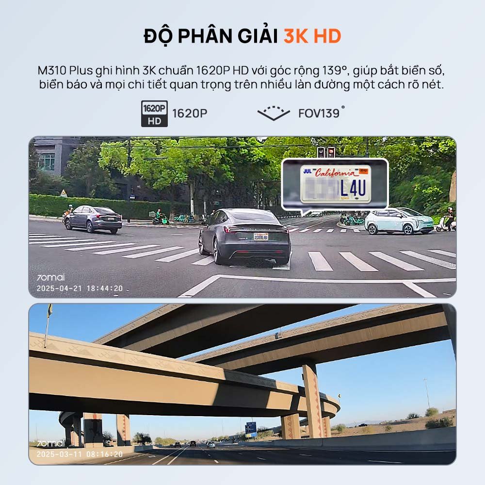70mai M310 Plus 3K ghi hình 3K chuẩn 1620P với góc quay 139 độ, đọc rõ biển số xe phía trước