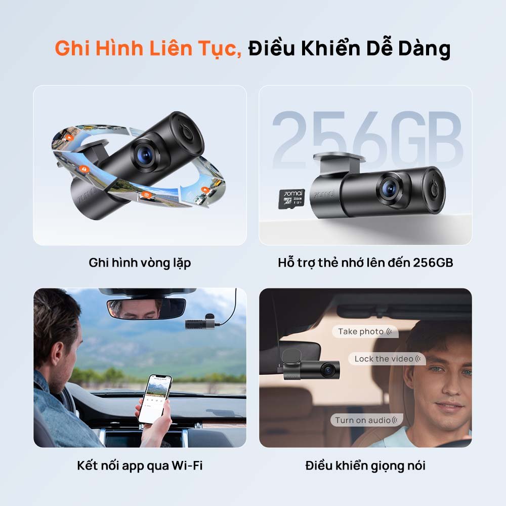 70mai M310 Plus 3K ghi vòng lặp, hỗ trợ thẻ nhớ tới 256GB, kết nối ứng dụng qua Wi-Fi và nhận lệnh giọng nói