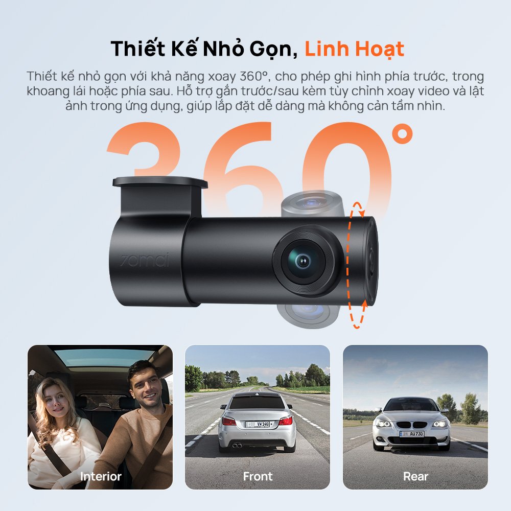 Ống kính 70mai M310 Plus 3K xoay 360 độ để quay phía trước, trong khoang lái hoặc phía sau xe