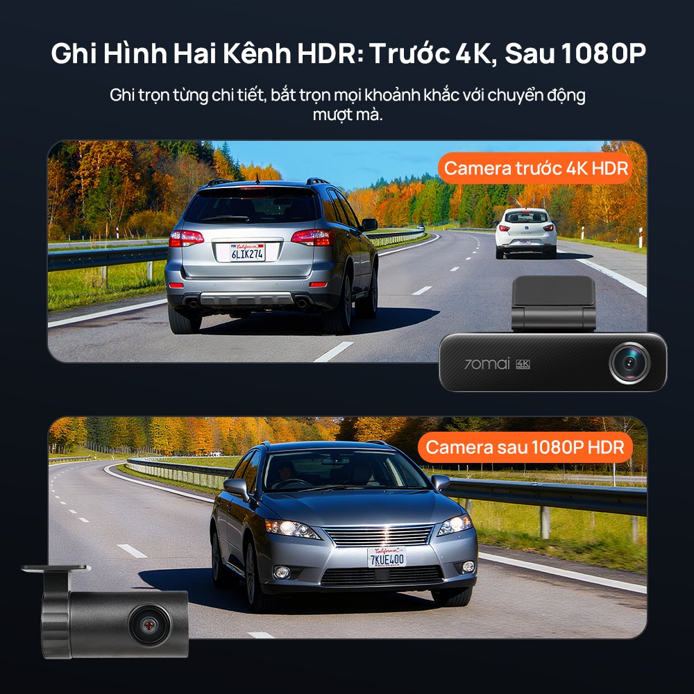 70mai M800 bản 2 mắt ghi hình hai kênh: camera trước 4K HDR và mắt sau RC14 1080P HDR