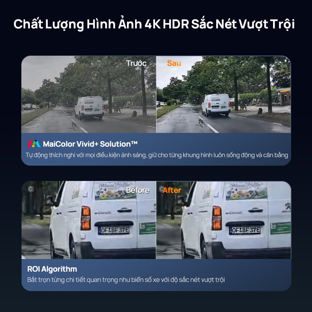 70mai M800 quay 4K HDR với thuật toán màu MaiColor Vivid+ và thuật toán ROI giúp biển số xe rõ hơn