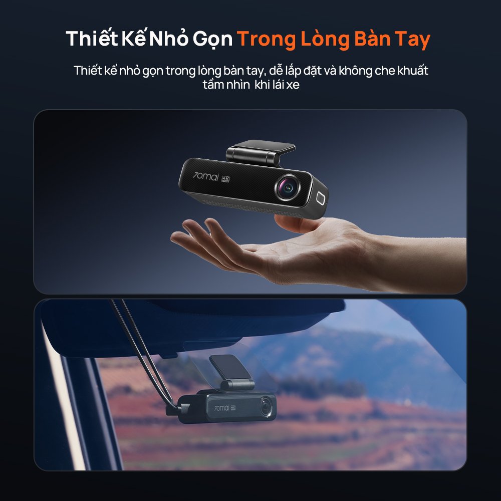 Camera hành trình 70mai M800 thân nhỏ gọn nằm vừa lòng bàn tay, gắn sau gương chiếu hậu không che tầm nhìn