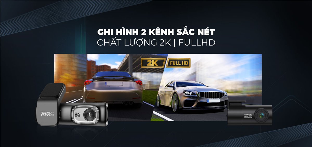 Vietmap TS-2K Lite ghi hình 2 kênh: camera trước 2K và camera sau Full HD