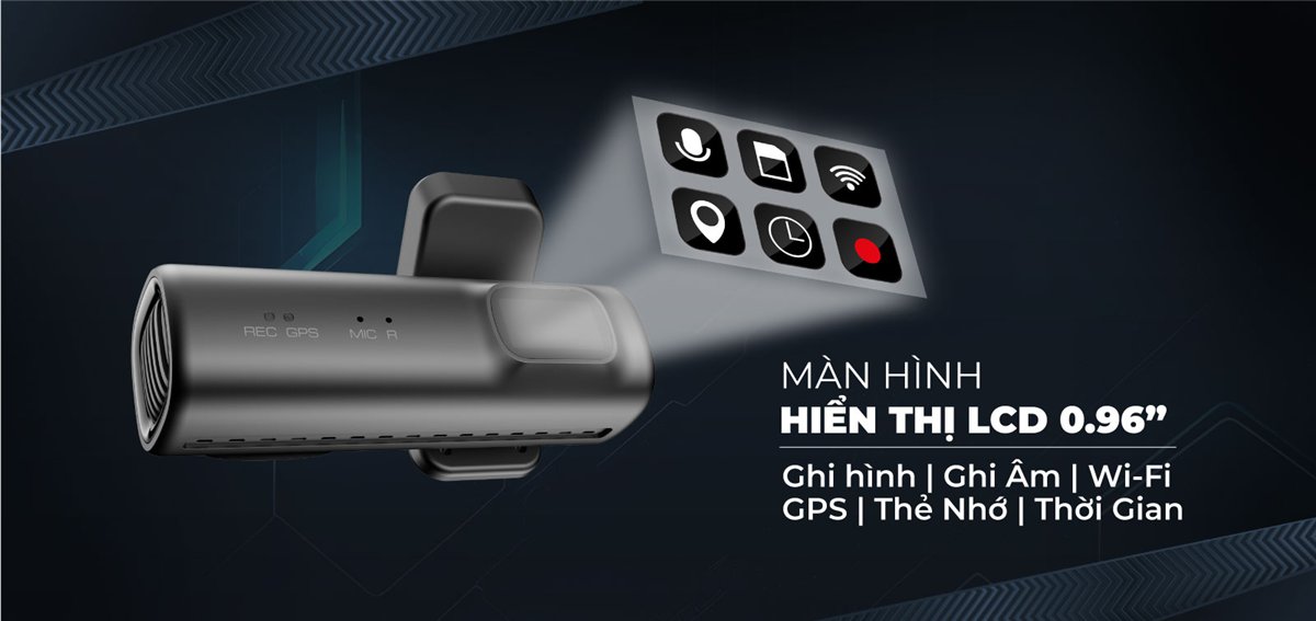 Màn hình LCD 0.96 inch của Vietmap TS-2K Lite hiện ghi hình, ghi âm, Wi-Fi, GPS, thẻ nhớ, thời gian