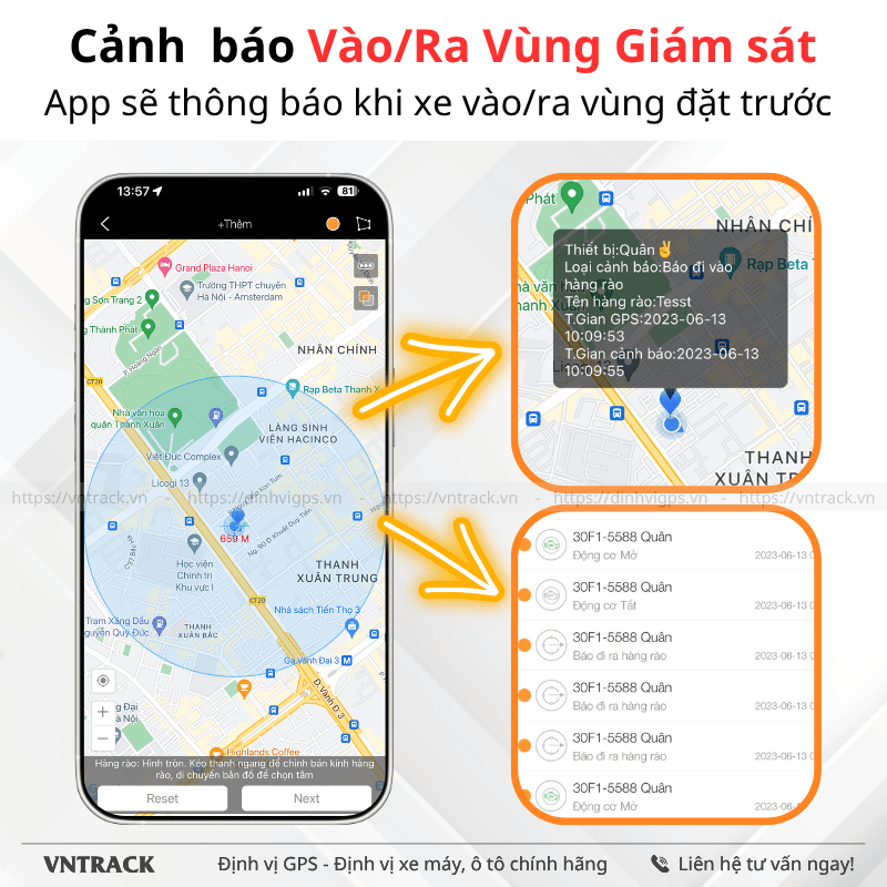 Cảnh  báo Vào/Ra Vùng Giám sát App sẽ thông báo khi xe vào/ra vùng đặt trước dễ dàng