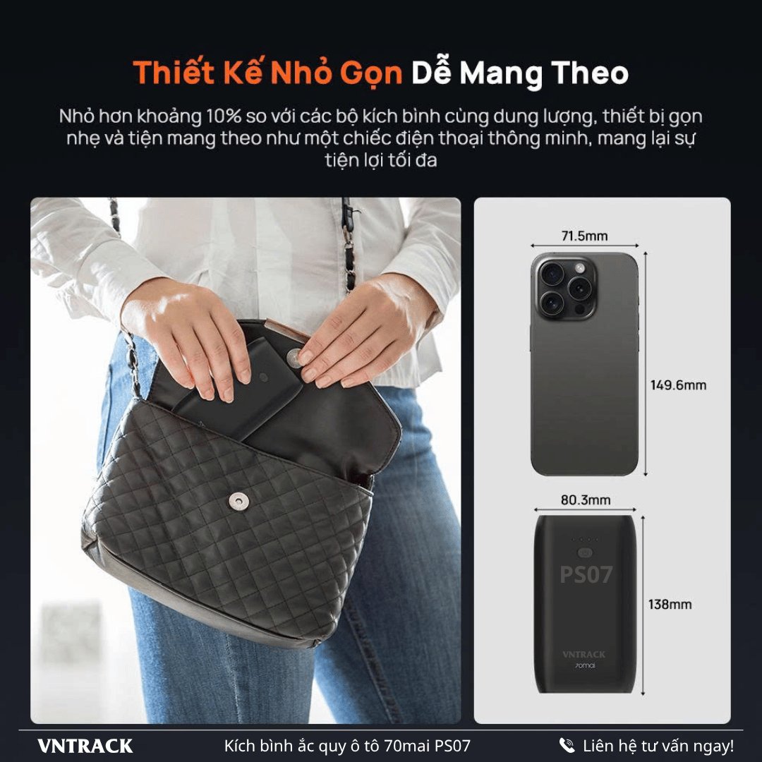 So sánh kích thước nhỏ gọn của 70mai PS07 với điện thoại và túi xách để dễ mang theo