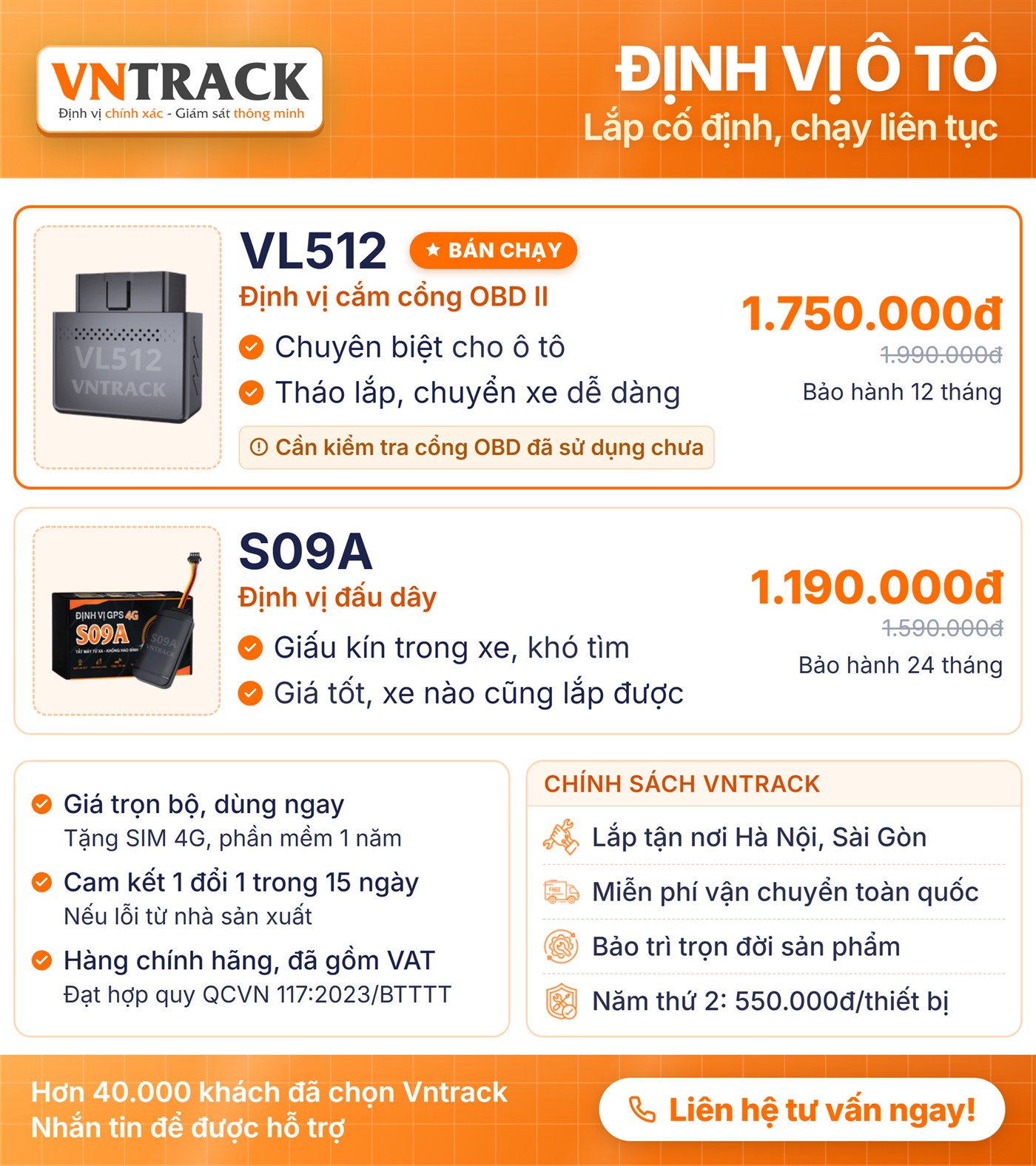 Bảng giá định vị ô tô Vntrack 2026: VL512 cắm cổng OBD 1.750.000đ và S09A đấu dây 1.190.000đ