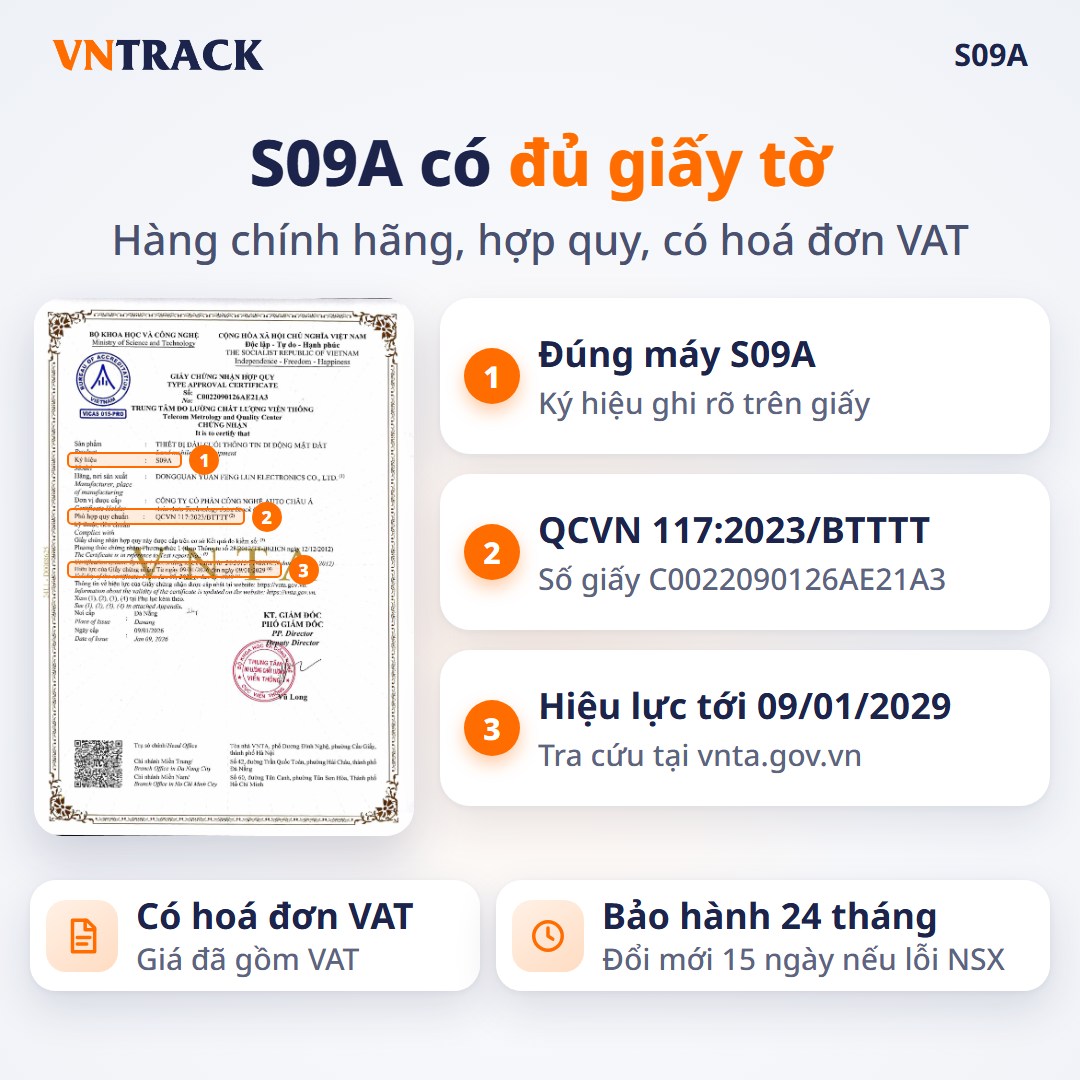 Giấy chứng nhận hợp quy QCVN 117:2023/BTTTT của định vị S09A, có hoá đơn VAT, bảo hành 24 tháng