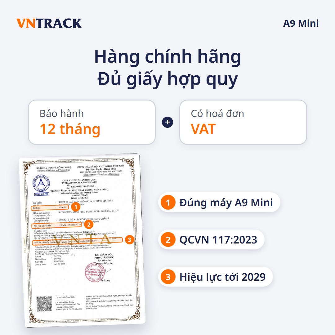 Giấy chứng nhận hợp quy định vị A9 Mini số C0020090126AE21A3, QCVN 117:2023/BTTTT, hiệu lực tới 09/01/2029