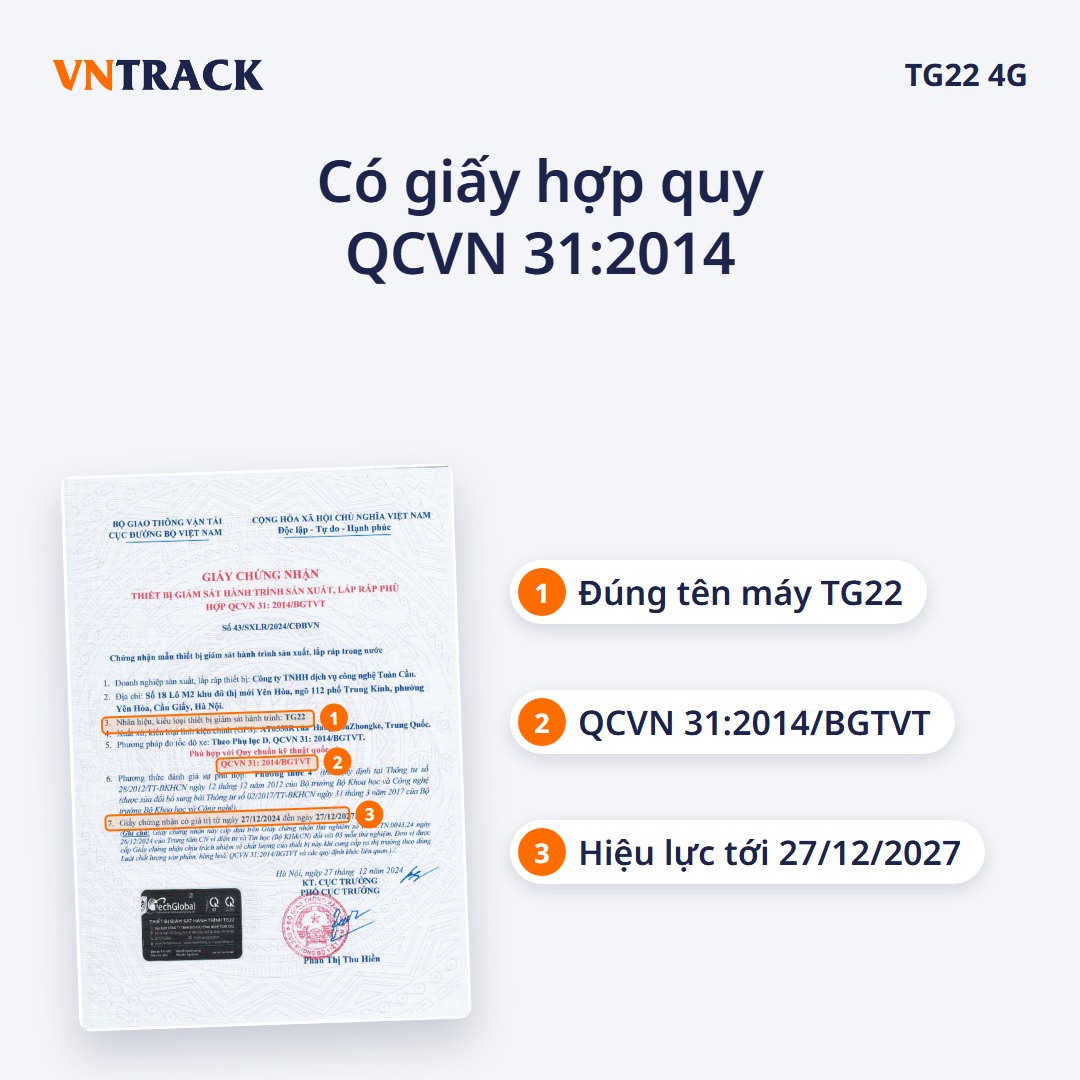 Giấy chứng nhận hợp quy QCVN 31:2014/BGTVT của thiết bị giám sát hành trình TG22