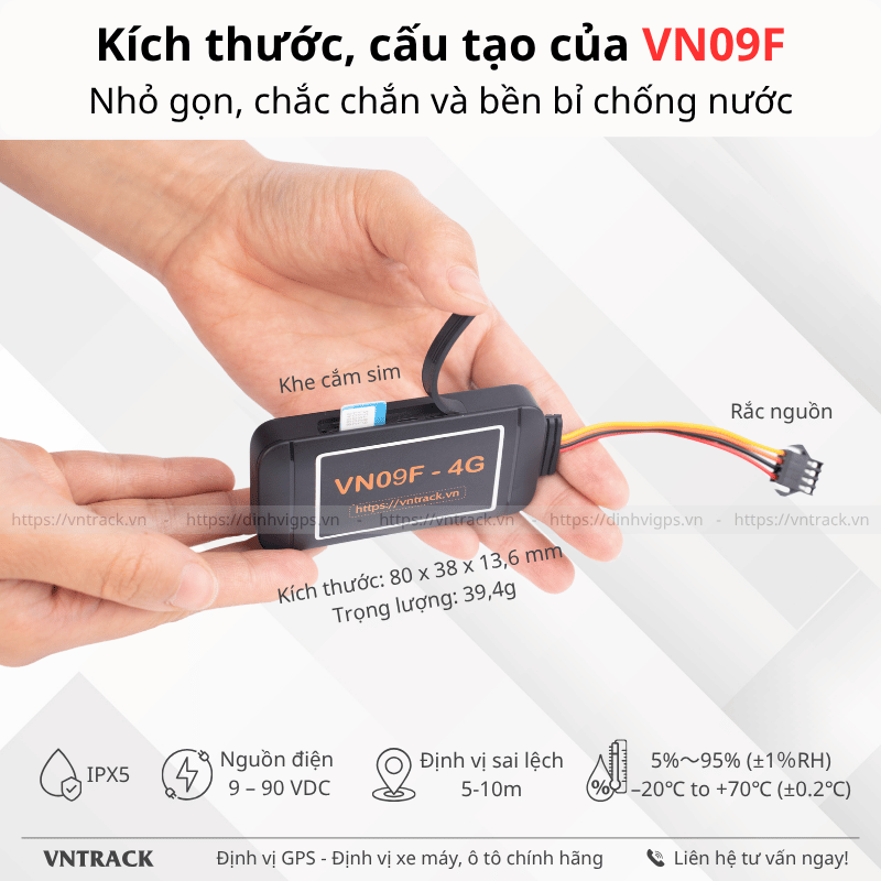 Kích thước, cấu tạo của định vị VN09F ta sẽ thấy nhỏ gọn, chắc chắn và bền bỉ chống nước 