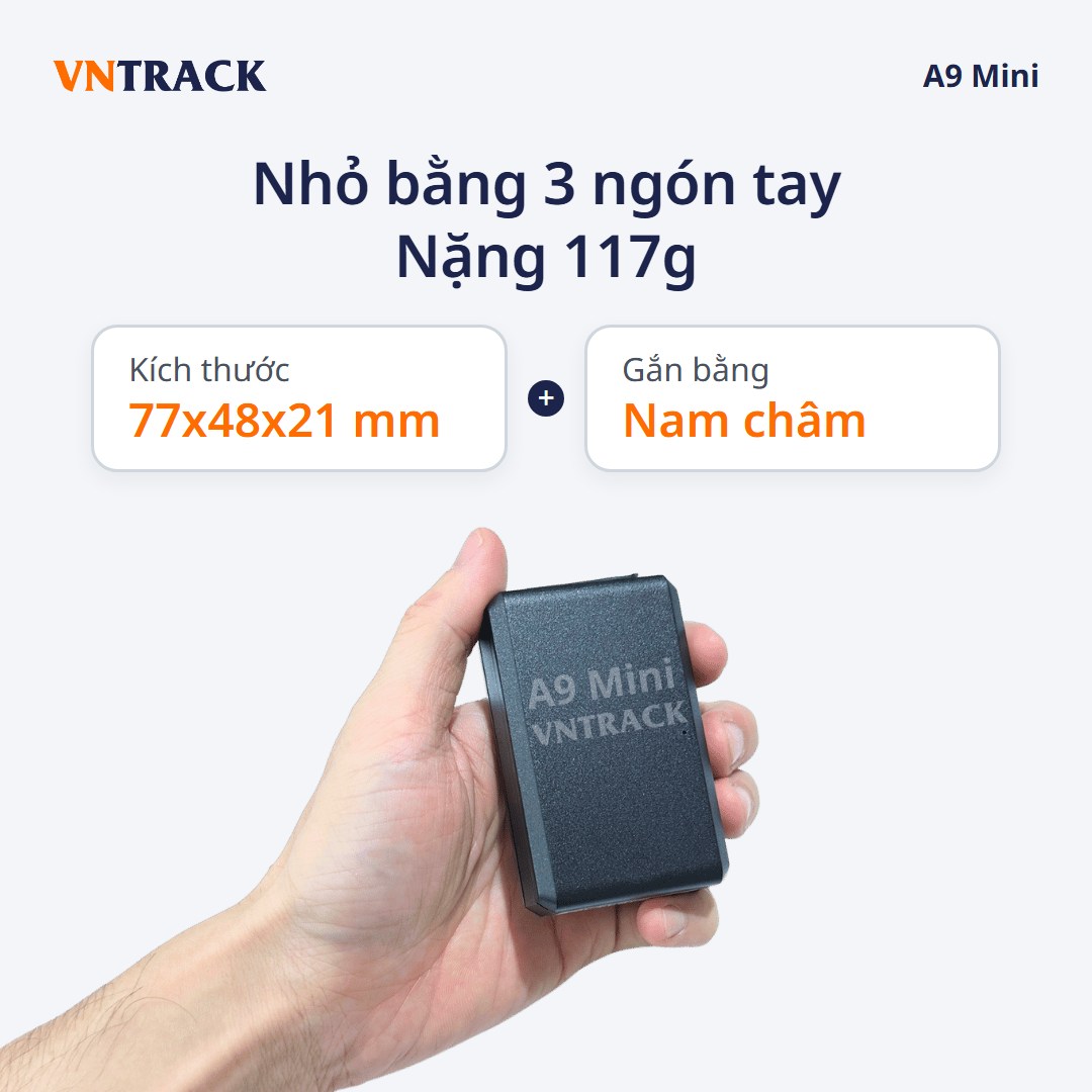 Định vị không dây A9 Mini nhỏ bằng 3 ngón tay, kích thước 77x48x21 mm, nặng 117g, gắn bằng nam châm