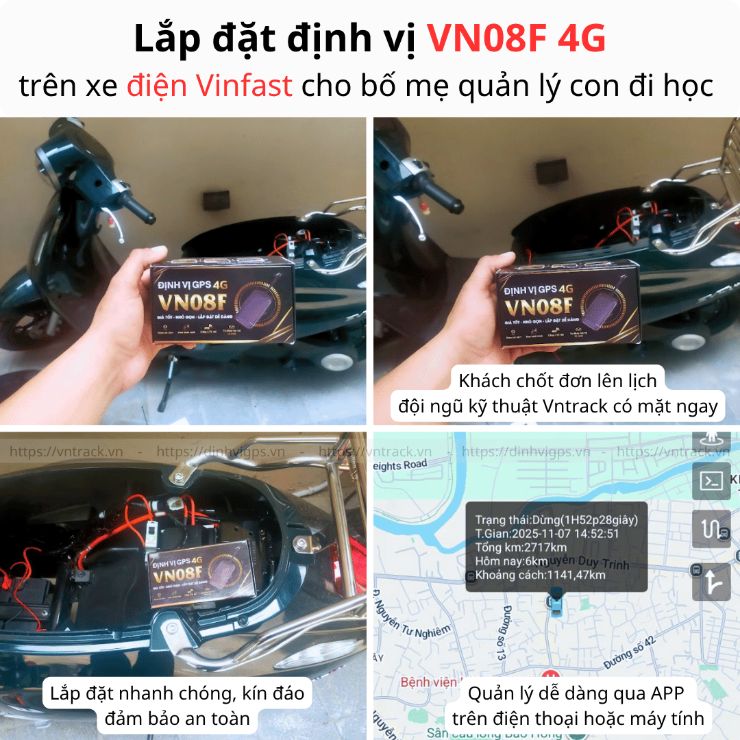 Lắp đặt định vị VN08F 4G trên xe điện Vinfast cho bố mẹ quản lý con đi học