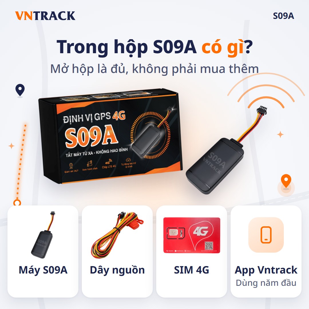 Trong hộp định vị S09A có gì: Máy S09A, dây nguồn, SIM 4G và app Vntrack dùng năm đầu