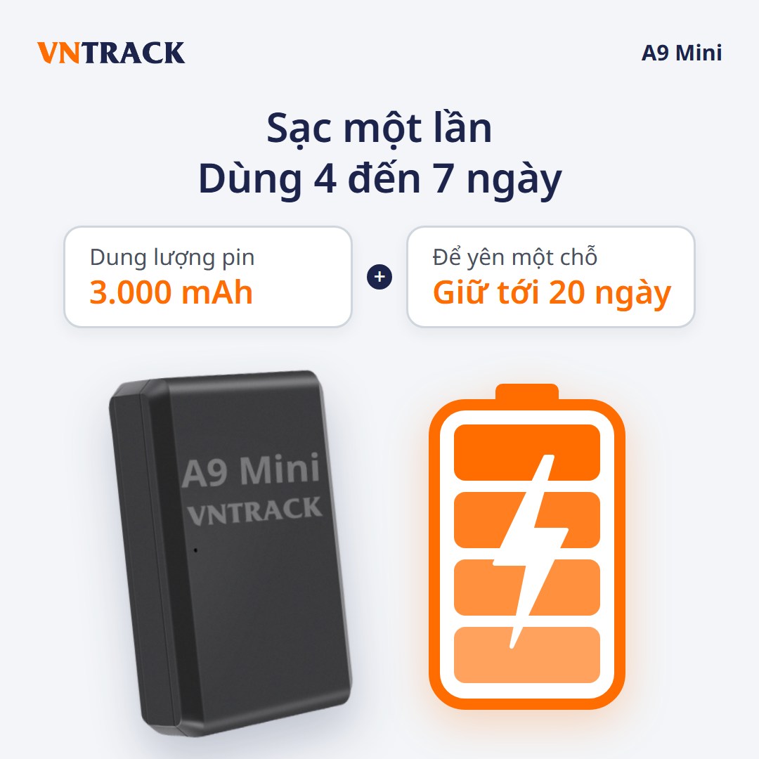 Pin định vị A9 Mini 3.000mAh, sạc một lần dùng 4 đến 7 ngày, để yên giữ tới 20 ngày
