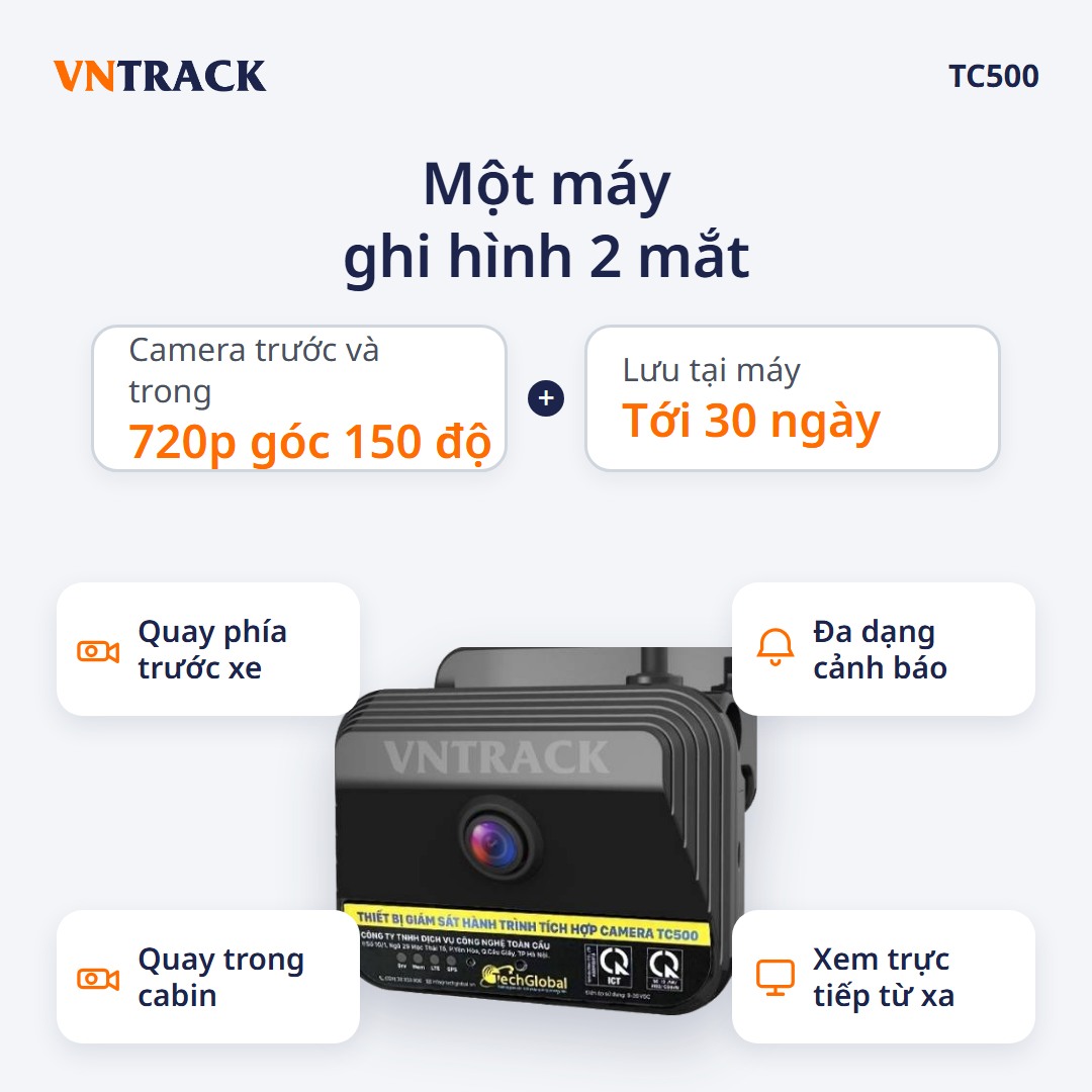 Camera nghị định 10 TC500 ghi hình hai mắt, quay phía trước xe và trong cabin