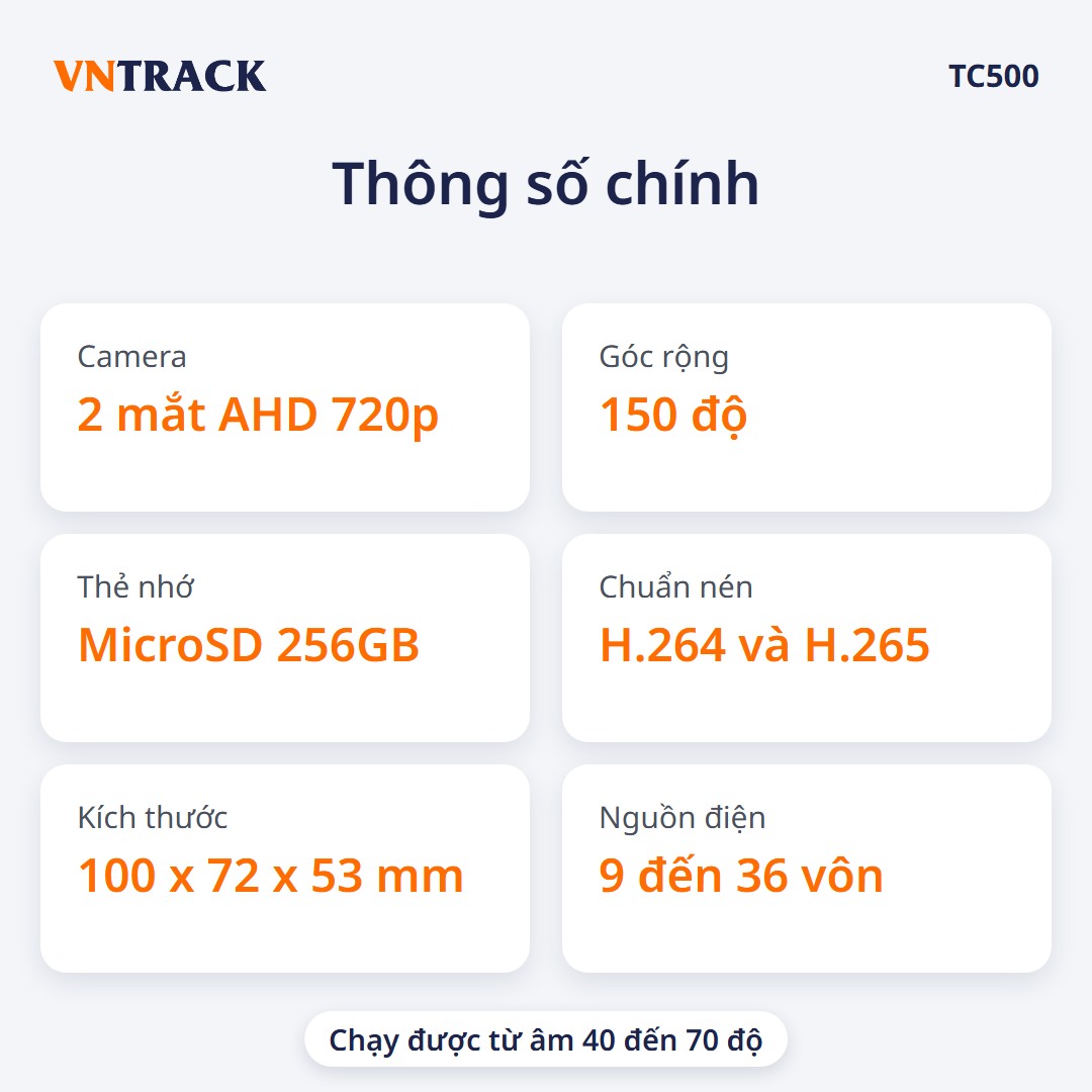 Thông số chính TC500: 2 mắt AHD 720p, thẻ nhớ 256GB, kích thước 100 x 72 x 53 mm