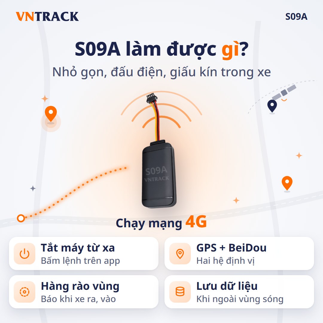 Định vị S09A làm được gì: Tắt máy từ xa, định vị GPS và BeiDou, hàng rào vùng, lưu dữ liệu khi mất sóng, chạy mạng 4G