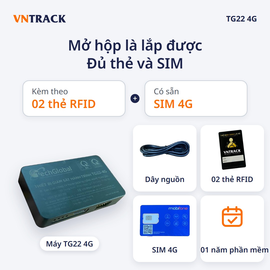 Trọn bộ định vị hợp quy TG22 4G gồm máy, dây nguồn, 02 thẻ RFID và SIM
