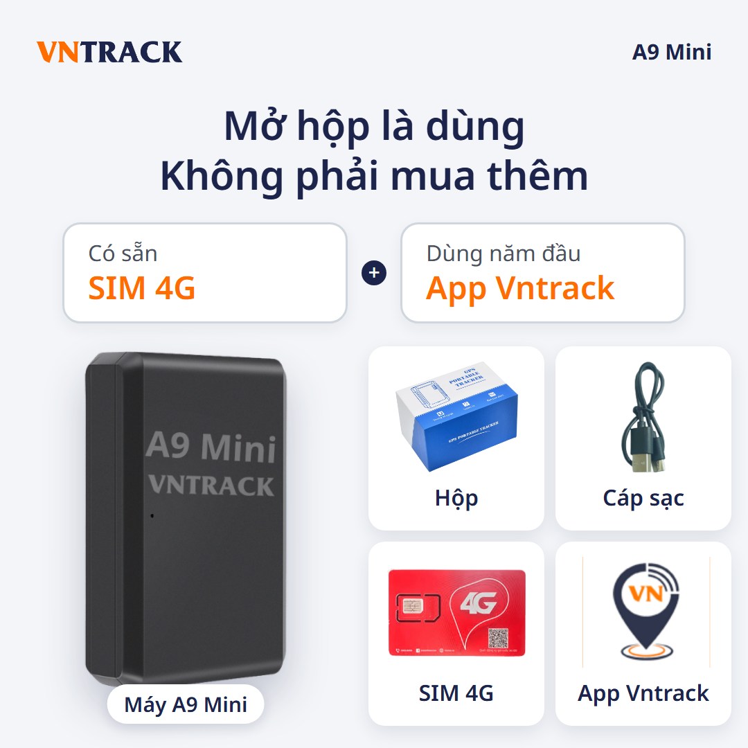 Trọn bộ định vị không dây A9 Mini 4G: Máy, hộp, cáp sạc, SIM 4G và app Vntrack dùng năm đầu