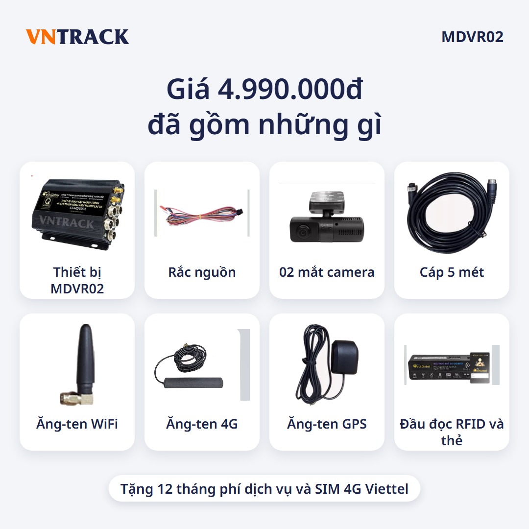 Giá MDVR02 4.990.000đ đã gồm thiết bị, 02 mắt camera, đầu đọc RFID, ba ăng-ten và 12 tháng phí dịch vụ