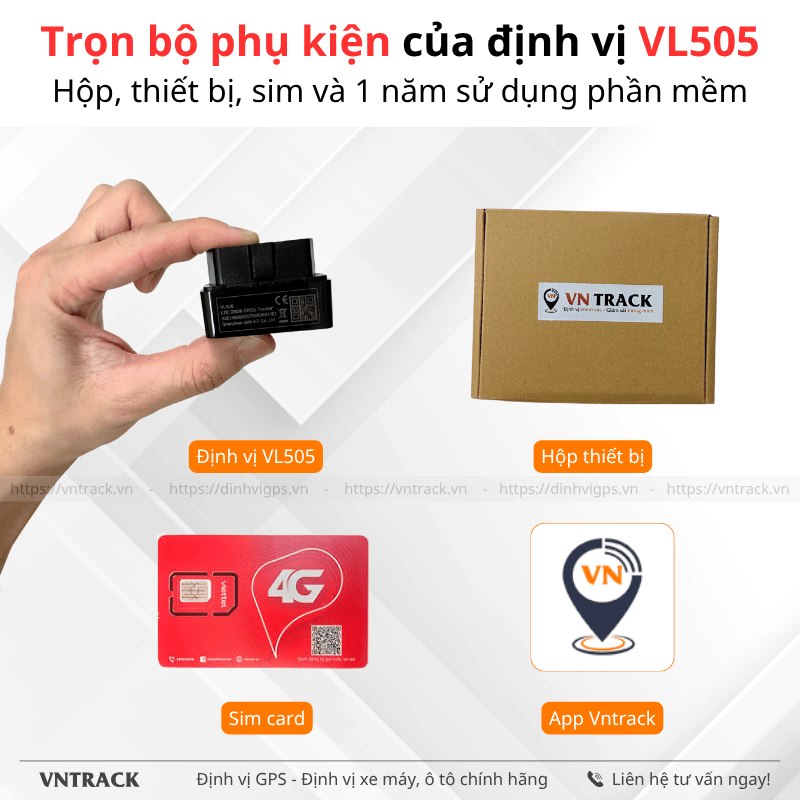 Trọn bộ phụ kiện của định vị VL505 Hộp, thiết bị, sim và 1 năm sử dụng phần mềm
