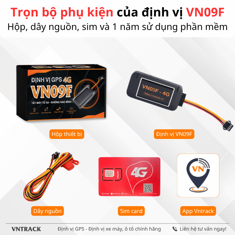 Trọn bộ sản phẩm và phụ kiện của VN09F bao gồm: Hộp, dây nguồn, sim và 1 năm sử dụng phần mềm
