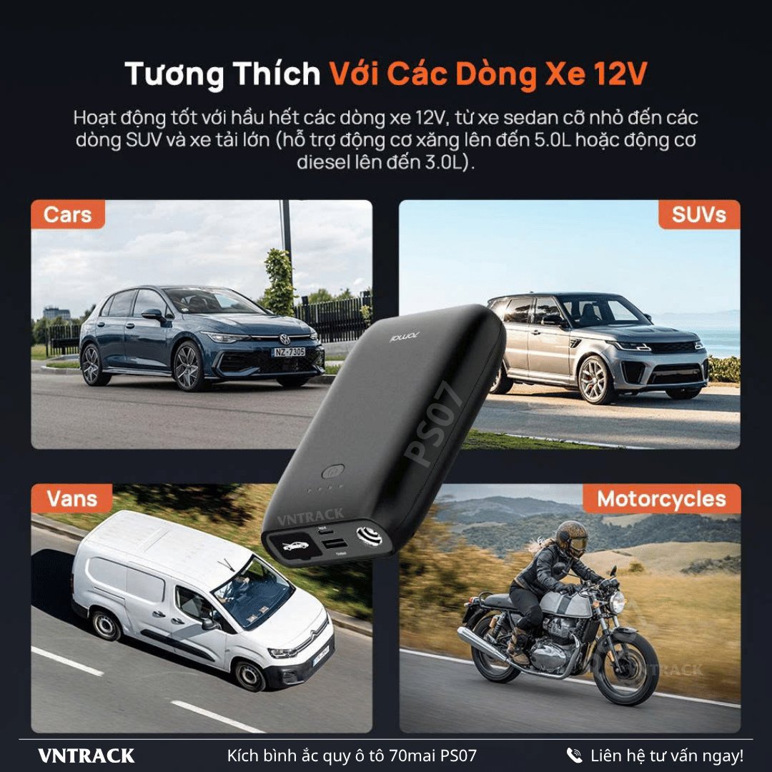 70mai PS07 tương thích nhiều dòng xe 12V gồm ô tô con SUV xe tải và xe máy