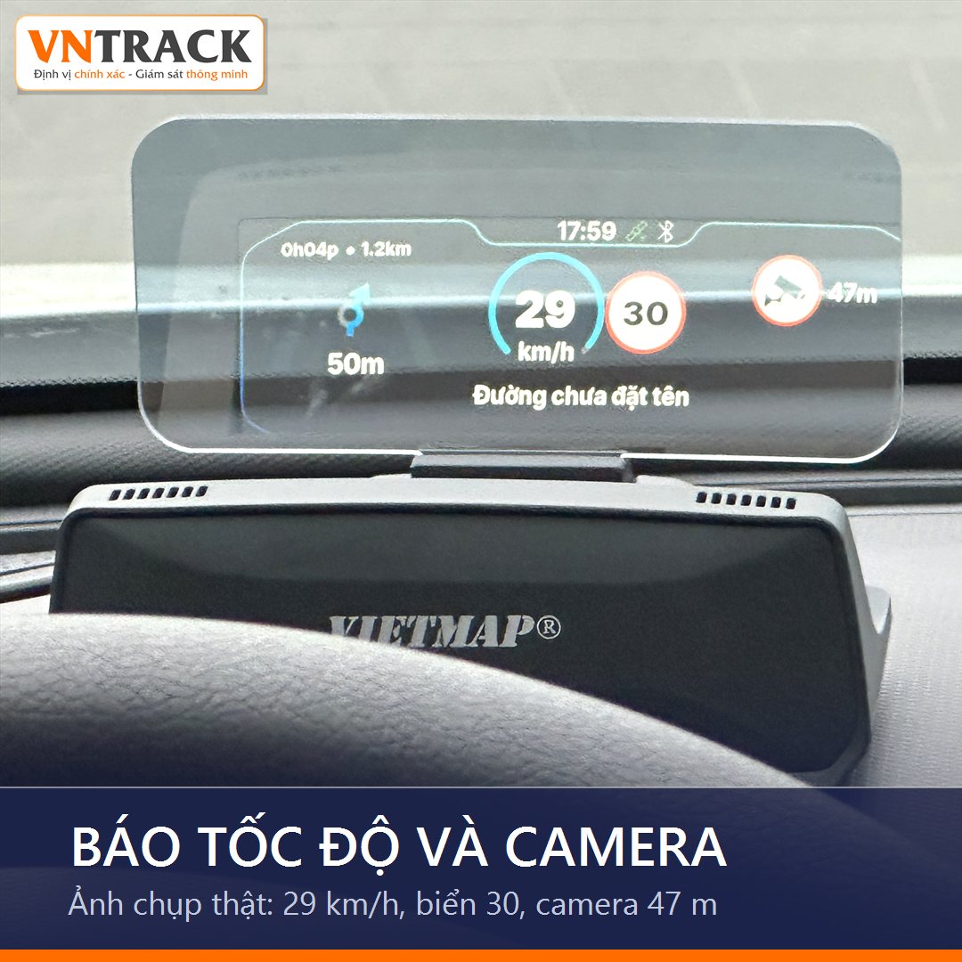 Vietmap H50 báo tốc độ 29 km/h, biển hạn chế 30 và cảnh báo camera trên tấm phản chiếu