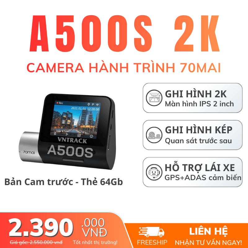 70mai A500S - Ghi hình 2K, Quay trước sau, Màn hình 2 inch