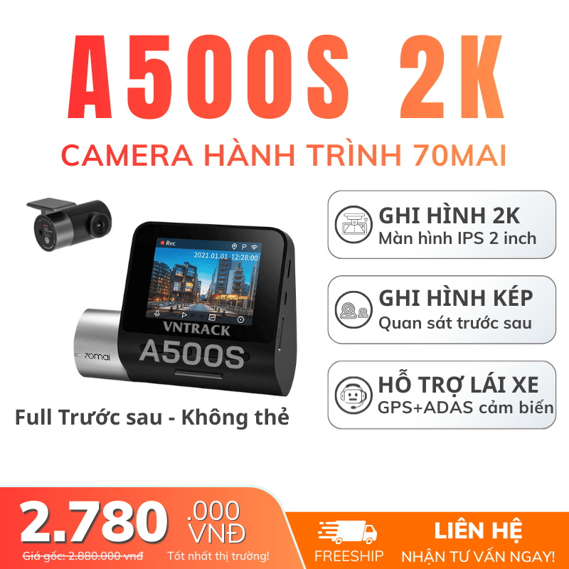 70mai A500S - Ghi hình 2K, Quay trước sau, Màn hình 2 inch