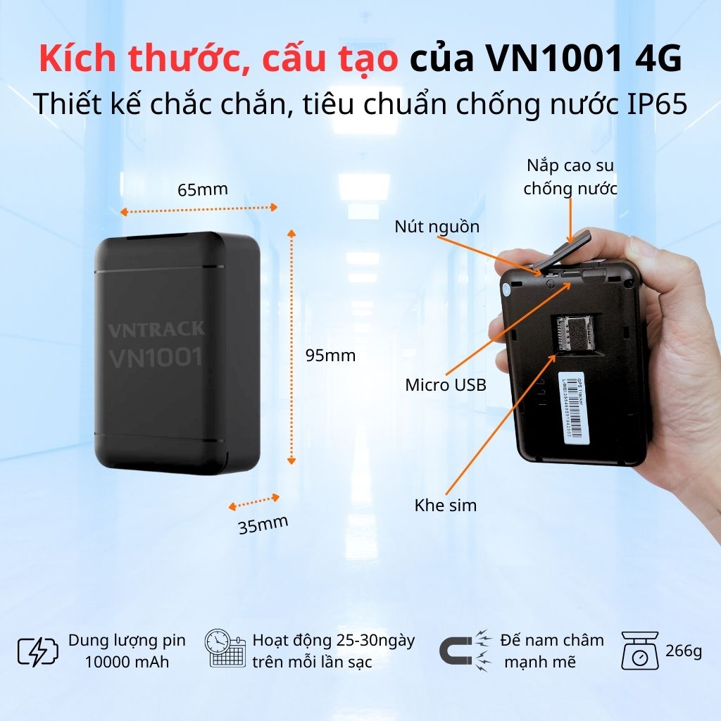 Định Vị Không Dây VN1001 4G | Pin 10000mAh, Từ 25-30 ngày, Chống nước IP65