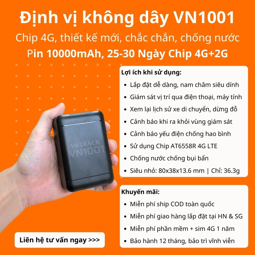Định Vị Không Dây VN1001 4G | Pin 10000mAh, Từ 25-30 ngày, Chống nước IP65