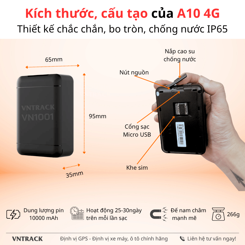 Định Vị Không Dây A10 4G | Pin 10000mAh, Từ 25-30 ngày, Chống nước IP65